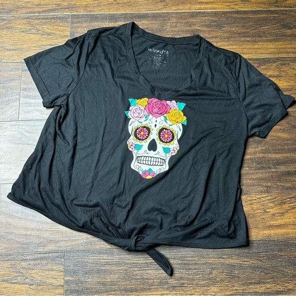 Wound Up Day of the Dead Crop Tie Front T Shirt - Picture 1 of 4